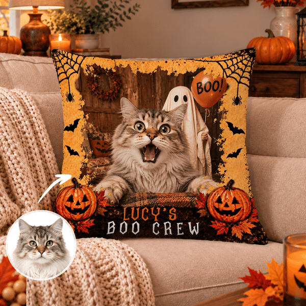 Fodera per cuscino morbida personalizzata con foto del proprio animale domestico e un fantasma di Halloween che fa “Boo”, con nome; decorazione per la casa e regalo per la festa di Halloween per gli a