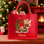 Personalized 3D-Effect Artwork Christmas Cartoon Character Photo Large Capacity Red Tote Bag with Initial and Name Christmas Gift for Kids Family