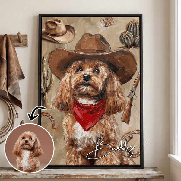 Personalised Cowboy Style Pet Photo Canvas Prints with Name Home Decor Ship from USA Birthday Gift for Pet Owners