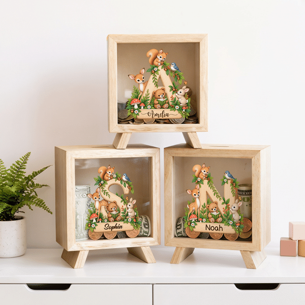 Personalized Cute Forest Animal Initial Wooden Money Box Piggy Bank with Name Birthday Anniversary Gift for Kids