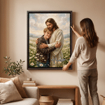 Personalised Daisy Garden Jesus' Embrace Photo Canvas Prints with Name Home Decor Birthday Gift for Faith Believers