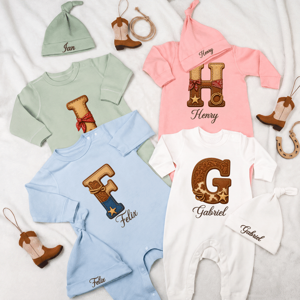 Personalized Western-Style Initial 100% Cotton Baby Romper Hat Set with Name Baby Shower Gift for Newborns