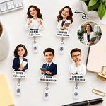 Personalized 3D-Style Art Office Character Photo Retractable Acrylic Badge Reel with Name and Text Birthday Just-Because Gift for Coworker Boss