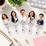 Personalized 3D-Style Art Office Character Photo Retractable Acrylic Badge Reel with Name and Text Birthday Just-Because Gift for Coworker Boss