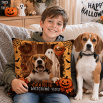 Fodera per cuscino morbida personalizzata con foto del proprio animale domestico e un fantasma di Halloween che fa “Boo”, con nome; decorazione per la casa e regalo per la festa di Halloween per gli a