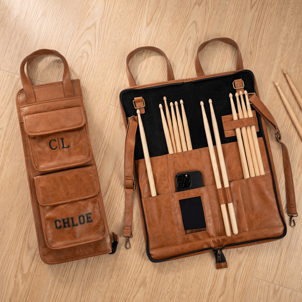 Personalised Drumming Pattern Multi Pockets PU Leather Drumstick Holder Bag with Name and Initial Concert Birthday Gift for Drummers Musicians