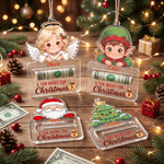 Personalized Reindeer Santa Claus Glitter Acrylic Money Holder Christmas Ornament with Name Christmas Tree Decor Holiday Party Gift for Kids