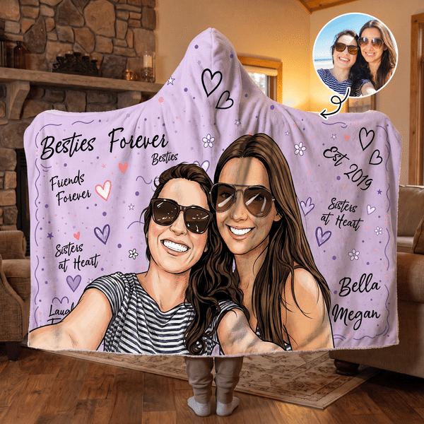 Personalized Besties Friends Sisters Forever Photo Soft Throw Hooded Blanket with Name and Year Anniversary Birthday Gift for Best Friends