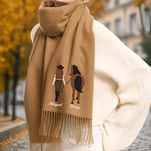 Personalized Multicolor Horse and Rider Embroidered Name Soft Warm Scarf with Tassel Winter Accessory Anniversary Birthday Gift for Horse Lovers