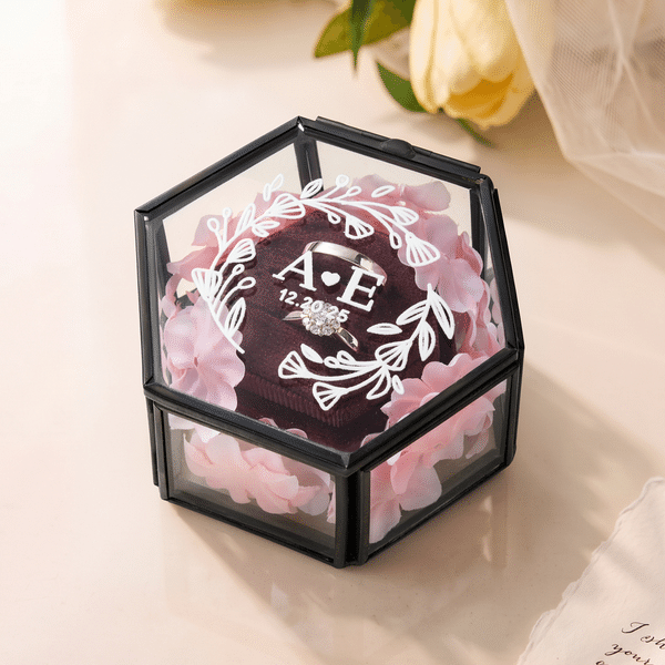 Personalised Monogram Design Wedding Ring Hexagon Box with Name and Date Engagement Proposal Gift for Bride Groom Couple