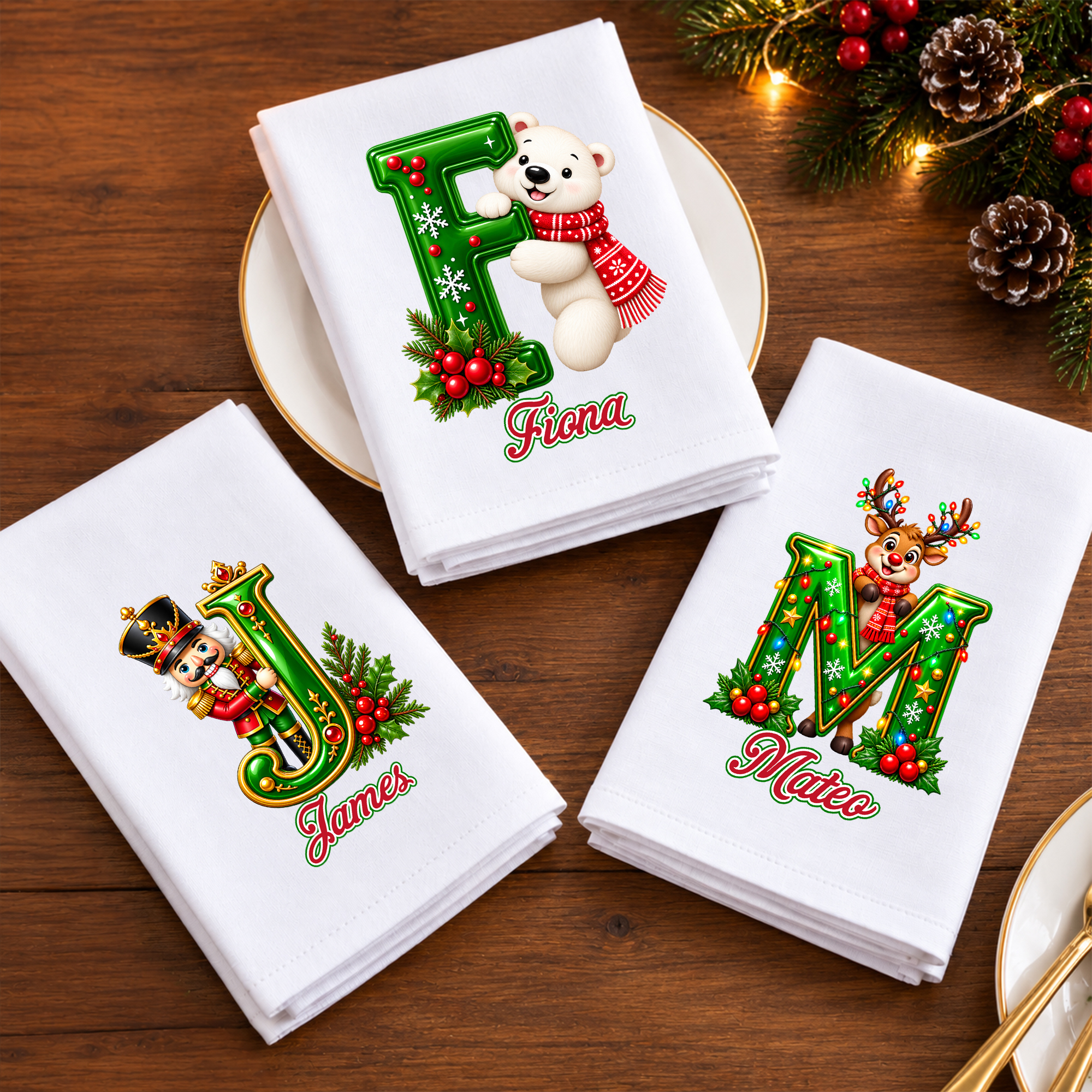Personalisierte Weihnachtsserviette | mit Wunschnamen und Initiale | 100% Baumwolle | Festliche Tischdeko | Weihnachtsgeschenk für Familie & Freunde