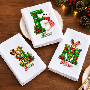 Personalized Christmas-Themed Cartoon Character Initial 100% Cotton Napkin with Name Table Decoration Christmas Gift for Kids Family