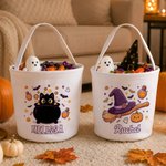 Personalised Ghost Pumpkin Halloween Theme Canvas Candy Bucket Bag with Name Trick or Treat Party Halloween Gift for Boys Girls