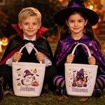 Personalised Ghost Pumpkin Halloween Theme Canvas Candy Bucket Bag with Name Trick or Treat Party Halloween Gift for Boys Girls