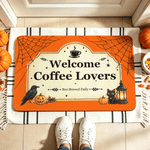 Gepersonaliseerde welkomstmat voor koffiebars met Halloween-thema en antislip, met tekst: ‘Home Shop Decor’ – Halloween-cadeau voor eigenaren van koffiebars
