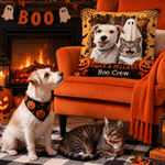 Fodera per cuscino morbida personalizzata con foto del proprio animale domestico e un fantasma di Halloween che fa “Boo”, con nome; decorazione per la casa e regalo per la festa di Halloween per gli a