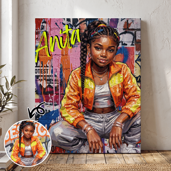 Personlige fototrykk på lerret i graffitistil med navn – interiørdekorasjon – sendes fra USA – bursdagsgave til graffitientusiaster