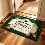 Gepersonaliseerde welkomstmat voor koffiebars met Halloween-thema en antislip, met tekst: ‘Home Shop Decor’ – Halloween-cadeau voor eigenaren van koffiebars