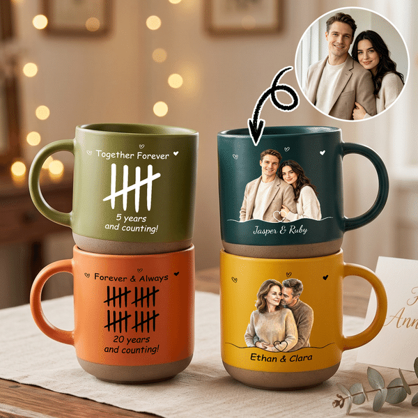 Personalized 1-60 Anniversary Counting Photo 12 oz Ceramic Mug with Names and Text Daily Use Anniversary Gift for Couple