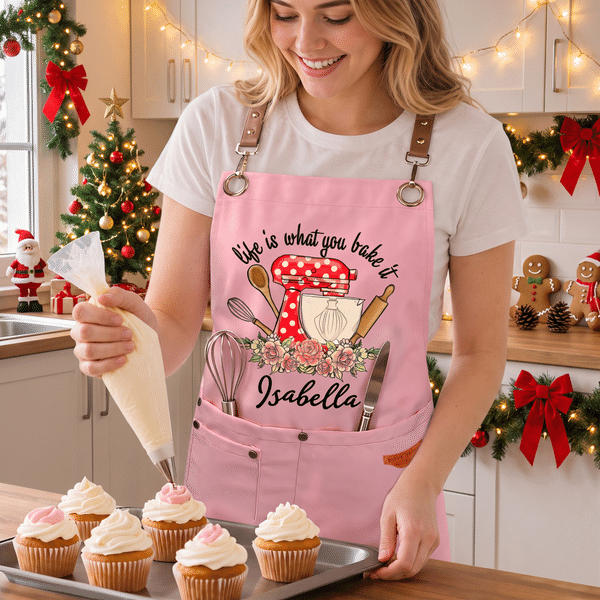 Personalised Life is What You Bake It Floral Vintage Canvas Baking Apron with Name Kitchen Birthday Gift for Bakers Cooking Lovers