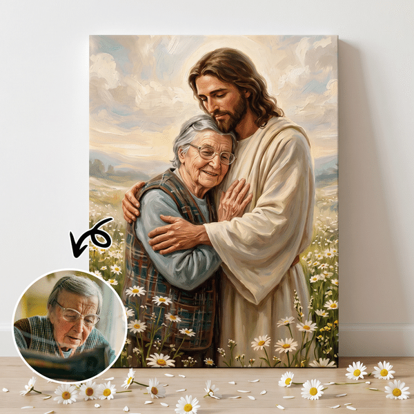 Personalised Daisy Garden Jesus' Embrace Photo Canvas Prints with Name Home Decor Ship from USA Birthday Gift for Faith Believers