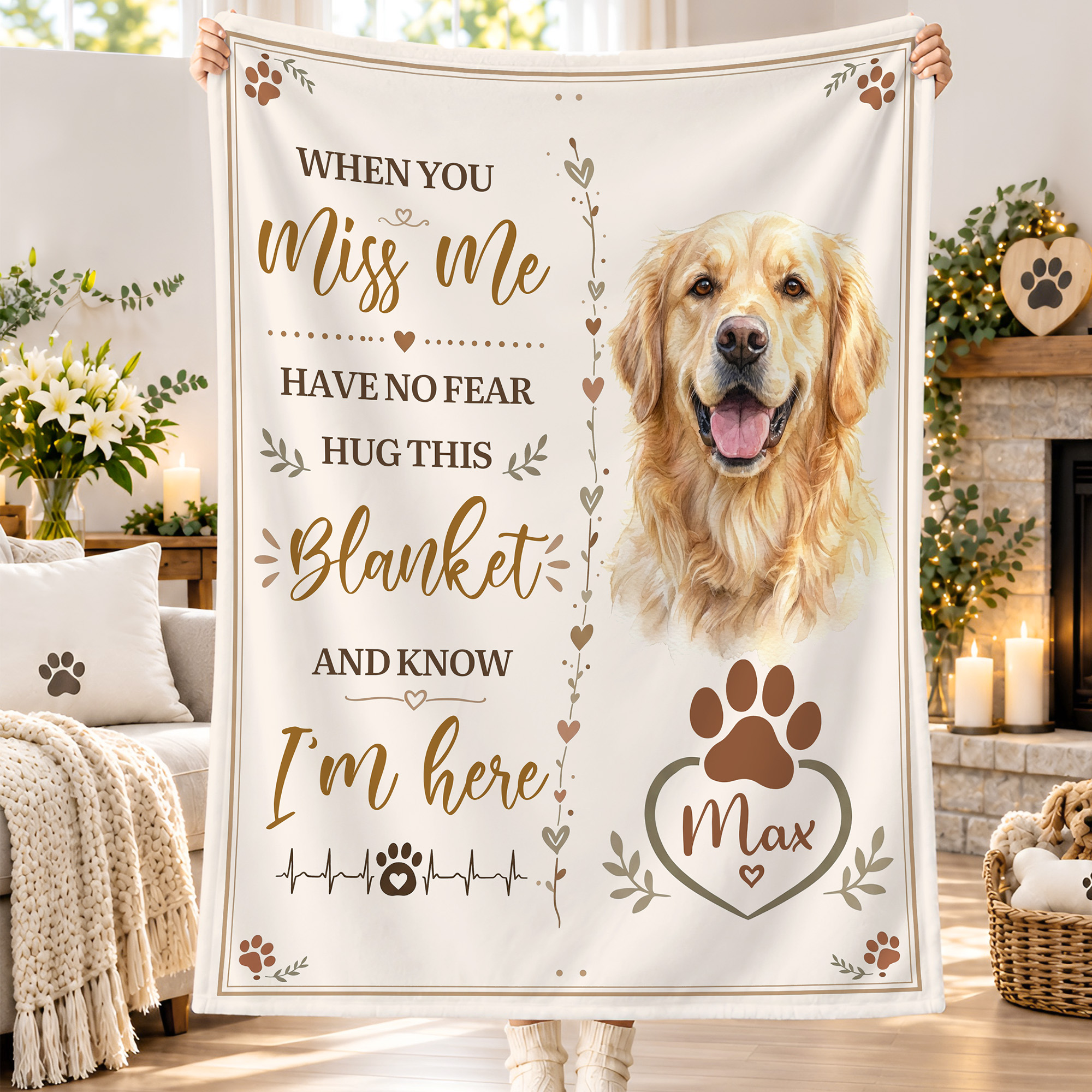 Personalisierte, weiche Kuscheldecke mit Haustierfoto und dem Spruch „Wenn du mich vermisst, bin ich da“ – mit Namen – Wohnaccessoire, Andenken, Geschenk zum Tod eines Haustieres für Tierliebhaber