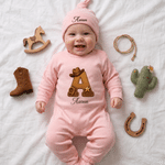 Personalized Western-Style Initial 100% Cotton Baby Romper Hat Set with Name Baby Shower Gift for Newborns