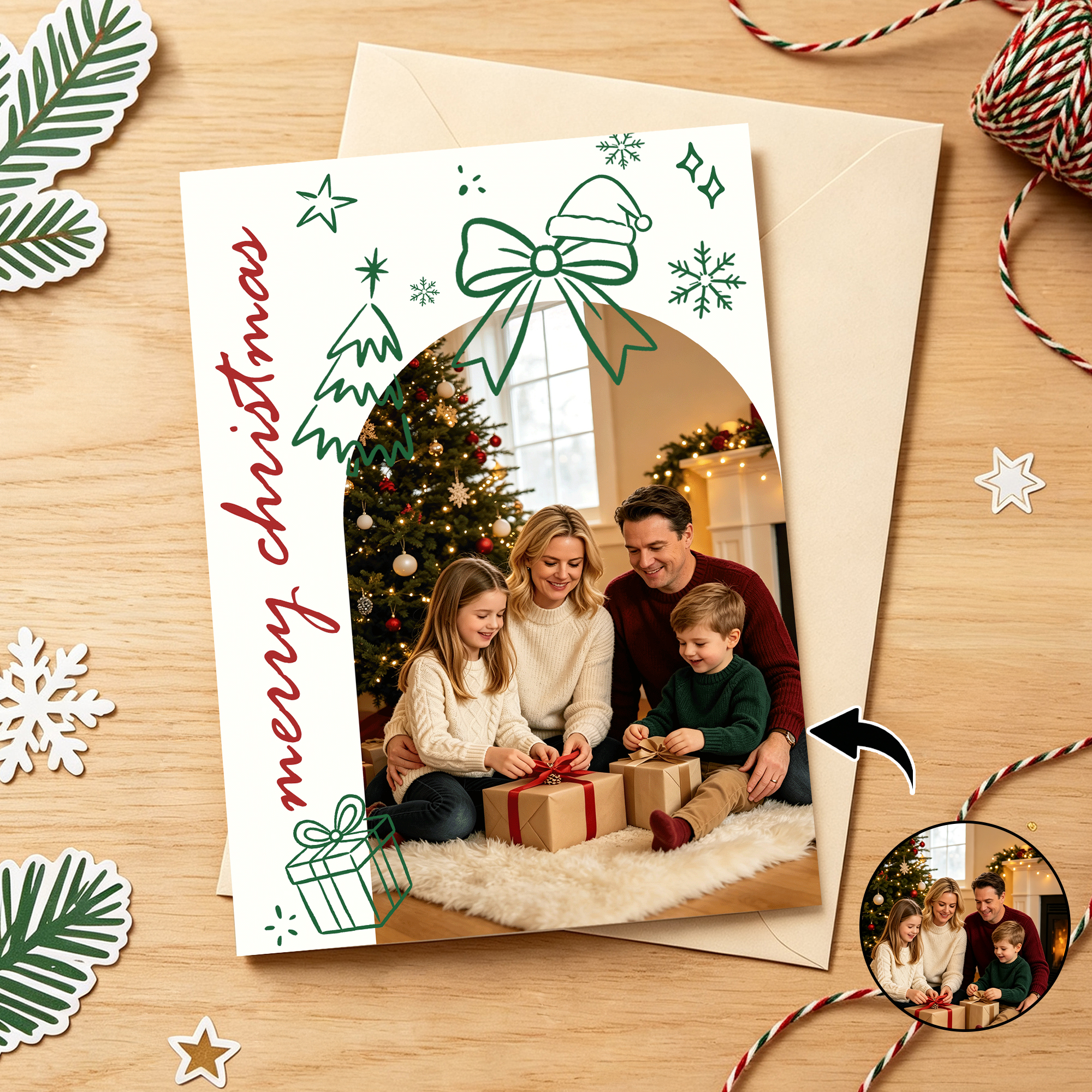 Personalisierte „Frohe Weihnachten“-Doodle-Fotogrußkarte mit Text und Umschlag – Weihnachtsgeschenk für Freunde und Familie