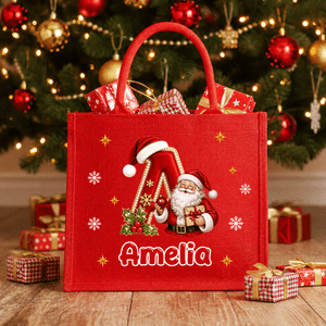 Bolsa de yute resistente y personalizada, con diseño artístico en 3D: Papá Noel, copo de nieve, acebo e iniciales, con nombre; regalo de Navidad para niños, familiares y amigos