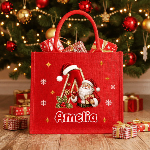 Personalised 3D-Style Art Santa Claus Snowflake Holly Initial Durable Jute Tote Bag with Name Christmas Gift for Kids Family Friends