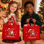 Bolsa de yute resistente y personalizada, con diseño artístico en 3D: Papá Noel, copo de nieve, acebo e iniciales, con nombre; regalo de Navidad para niños, familiares y amigos