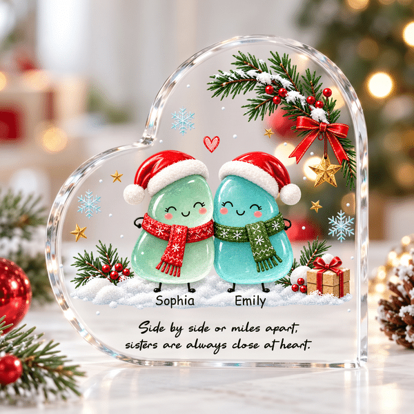 Personalized  Sea Glass Snow Sisters Heart-Shaped Acrylic Christmas Plaque with Name Home Decor Christmas Gift for Sisters Besties
