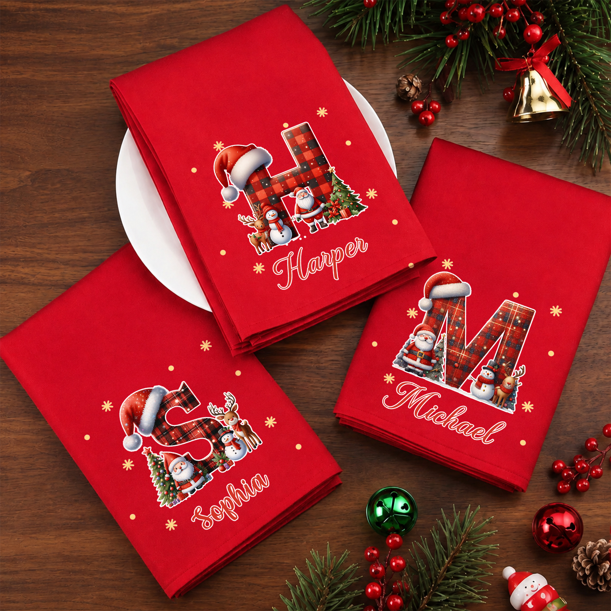 Personalisierte Karo-Design Serviette | mit Initiale und Namen | 100% Baumwolle | Festliche Tischdeko | Weihnachtsgeschenk für Familie & Freunde