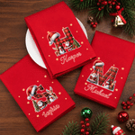 Serviette de table personnalisée pour Noël, avec le Père Noël et une initiale, rouge, 100 % coton, avec prénom, décoration de table, cadeau de Noël pour la famille et les amis