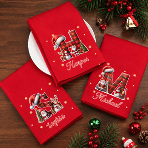 Tovagliolo da tavola personalizzato con Babbo Natale e iniziale, rosso, 100% cotone - Regalo di Natale per famiglia