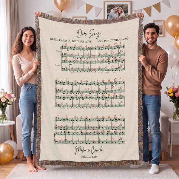 Personalised Floral Wedding First Dance Song Sheet Music Soft Cosy Tassel Throw Blanket with Name and Date Anniversary Gift for Couple