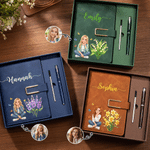 Personalised Birth Flower Hand-Drawn Style Cartoon Photo PU Leather Notebook Pen Gift Box Set with Name Birthday Gift for Women