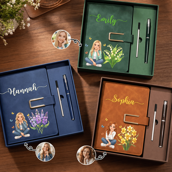 Personalised Birth Flower Hand-Drawn Style Cartoon Photo PU Leather Notebook Pen Gift Box Set with Name Birthday Gift for Women