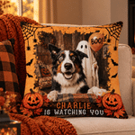 Fodera per cuscino morbida personalizzata con foto del proprio animale domestico e un fantasma di Halloween che fa “Boo”, con nome; decorazione per la casa e regalo per la festa di Halloween per gli a