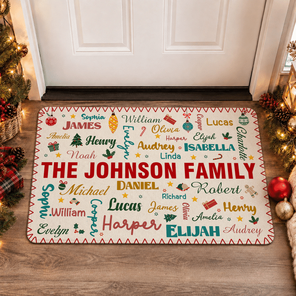 Personalized Christmas Elements Word Cloud Anti-Slip Doormat with Title and Family Member Names Home Decor Christmas Gift for Family Friends