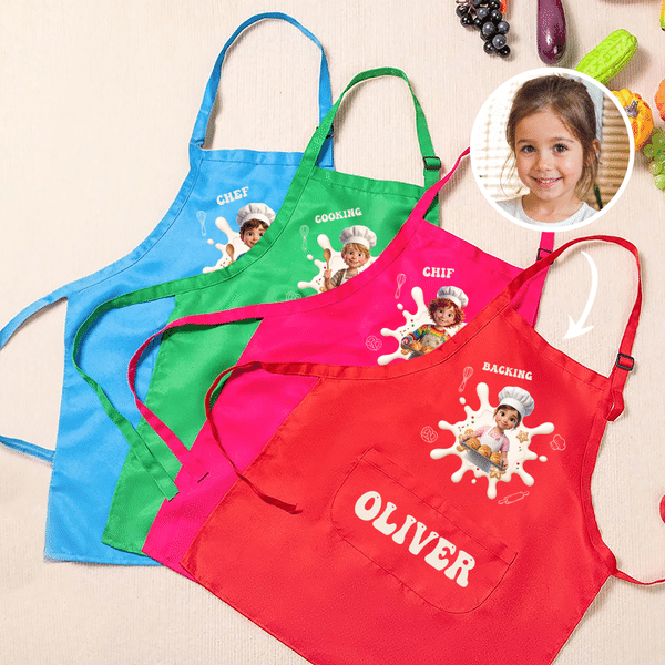 Personalized 3D-Style Art Photo Adjustable Kid Apron Chef Hat Set with Name and Text Baking Birthday Gift for Boys Girls
