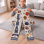 Personalized Cartoon Ball Sports Quilt-Effect Pattern Soft Pajama Pants with Name and Initial Daily Use Birthday Gift for Family Boys Kids
