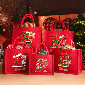 Bolso rojo tipo tote de gran capacidad, con diseño personalizado de personajes de dibujos animados navideños con efecto 3D y foto, con iniciales y nombre; regalo de Navidad para niños y la familia