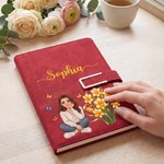 Personalised Birth Flower Hand-Drawn Style Cartoon Photo PU Leather Notebook Pen Gift Box Set with Name Birthday Gift for Women