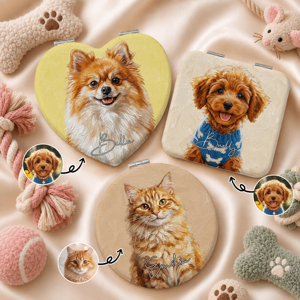 Personalised Oil Painting Style Pet Photo Compact Heart Round Square Makeup Mirror with Name Portable Birthday Wedding Party Gift for Pet Lovers
