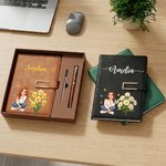 Personalised Birth Flower Hand-Drawn Style Cartoon Photo PU Leather Notebook Pen Gift Box Set with Name Birthday Gift for Women