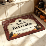 Gepersonaliseerde welkomstmat voor koffiebars met Halloween-thema en antislip, met tekst: ‘Home Shop Decor’ – Halloween-cadeau voor eigenaren van koffiebars