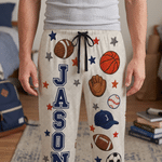 Personalized Cartoon Ball Sports Quilt-Effect Pattern Soft Pajama Pants with Name and Initial Daily Use Birthday Gift for Family Boys Kids