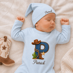 Personalized Western-Style Initial 100% Cotton Baby Romper Hat Set with Name Baby Shower Gift for Newborns