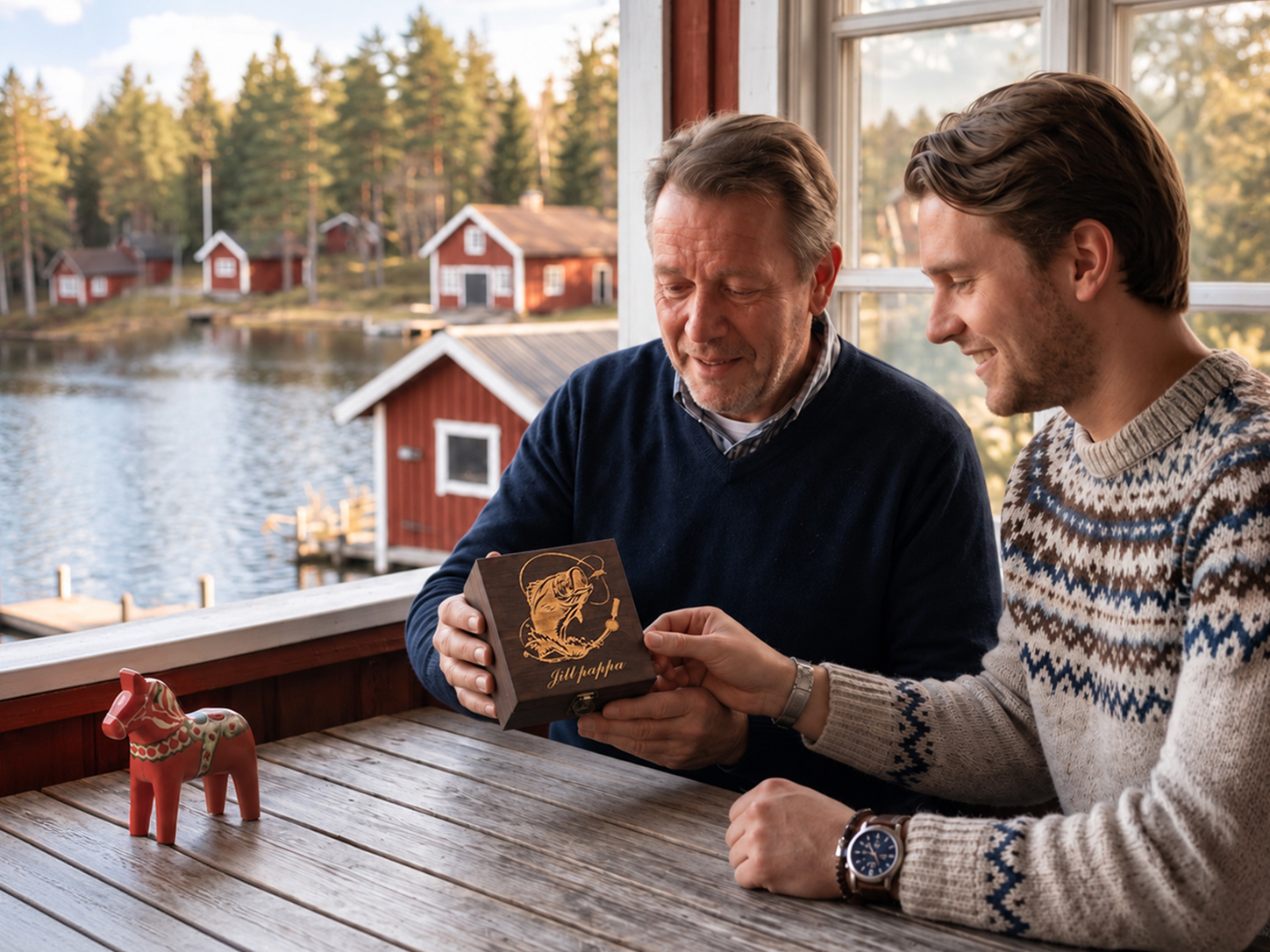 Handgjord tralåda med personlig gravyr för fiskedrag vid sjon